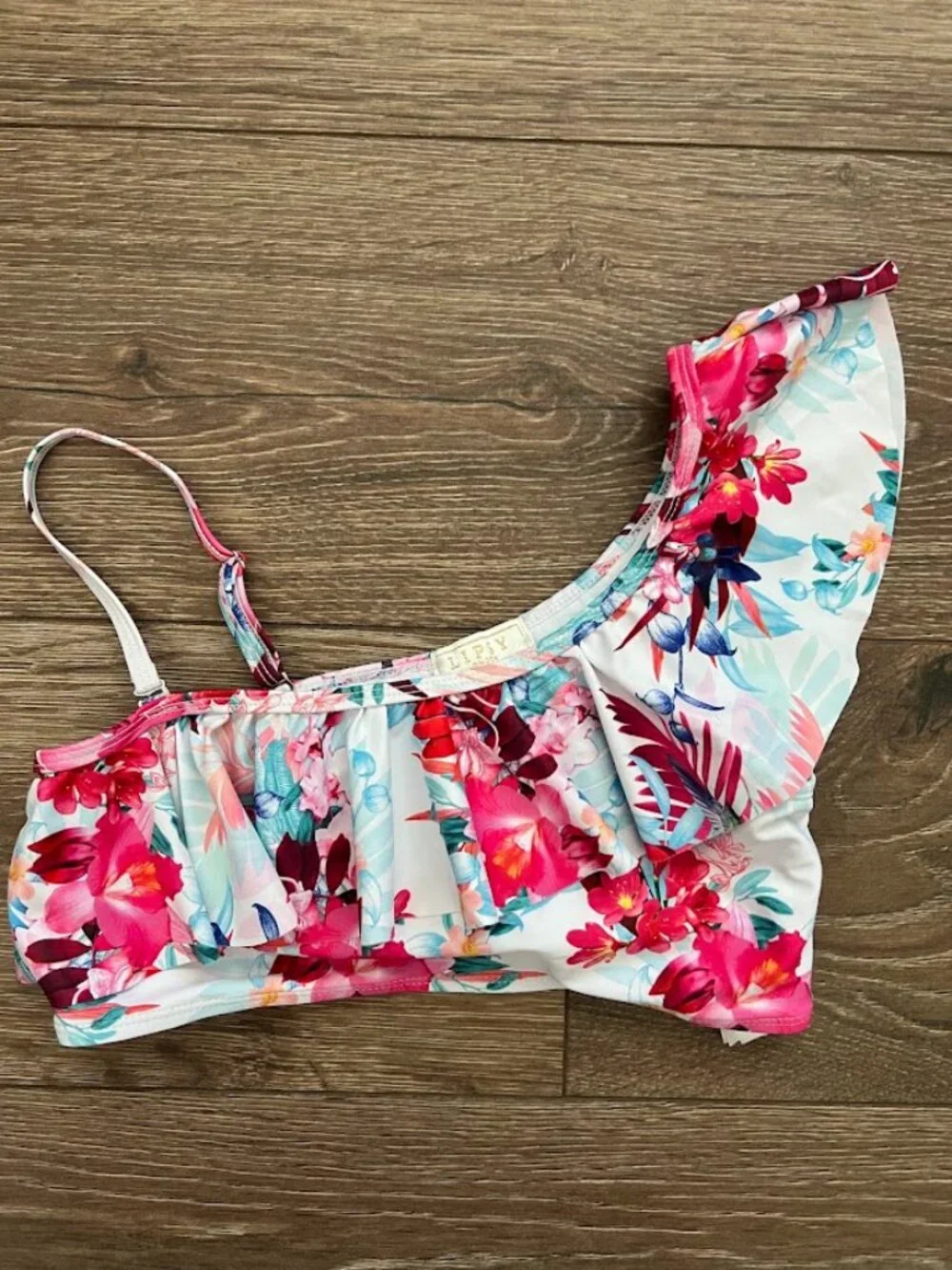 Lipsy London Pink Blue Floral Asymmetric Ruffle Bikini Top Size 11-12 Years